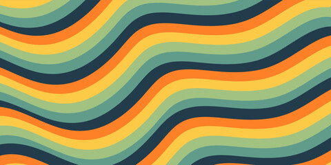 Obraz premium Abstract colorful 70s background vector. Vintage retro wallpaper with rainbow stripes and wavy lines. A 1970 color illustration suitable for posters, banners, decorative items and wall art.