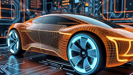 Futuristic digital electric car with glowing wireframe body and high-tech wheels on a virtual circuit board background

 - Powered by Adobe