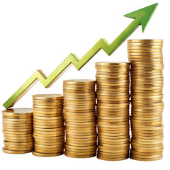 Golden coins stacked with a rising graph showing financial growth and investment success