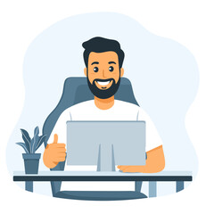 A young man sits at a desk working on a laptop. Minimalistic vector illustration in blue tones on a white background. Perfect for business, freelancing, remote work, and technology-related concepts