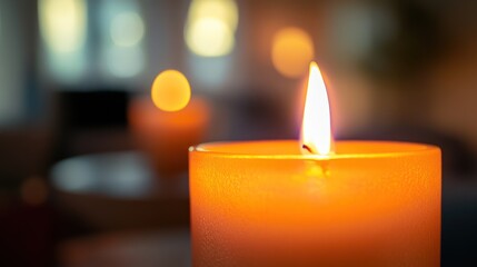 Illuminated candle in a room