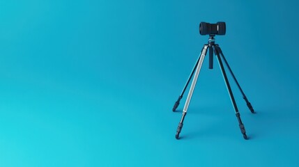 Studio shot of a camera on a tripod against a vibrant blue background.  Possible use Stock photography