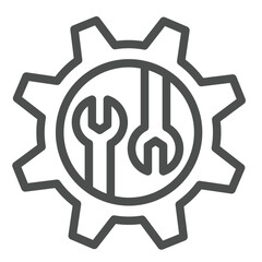Wrenches in cogwheel gear line icon, repair service concept. Vector graphics. Mechanic tools, custom settings sign on white background, outline style icon for mobile or web design.