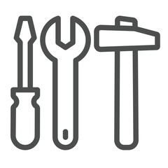 Screwdriver with wrench and hammer line icon, repair service concept. Vector graphics. Repair tools sign on white background, outline style icon for mobile or web design.