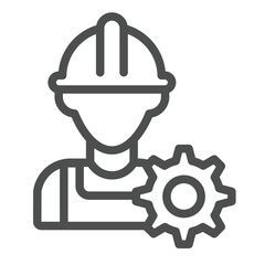 Builder man and cogwheel line icon, repair service concept. Vector graphics. Engineer with hat, mechanician sign on white background, outline style icon for mobile or web design.