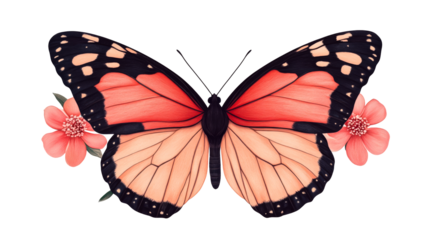 Butterfly, coral color, flowers, spring, pattern, design element, cut out transparent
