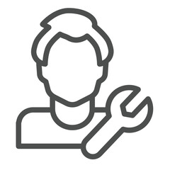 Mechanician guy and wrench line icon, repair service concept. Vector graphics. Master man with repair tool sign on white background, outline style icon for mobile or web design.