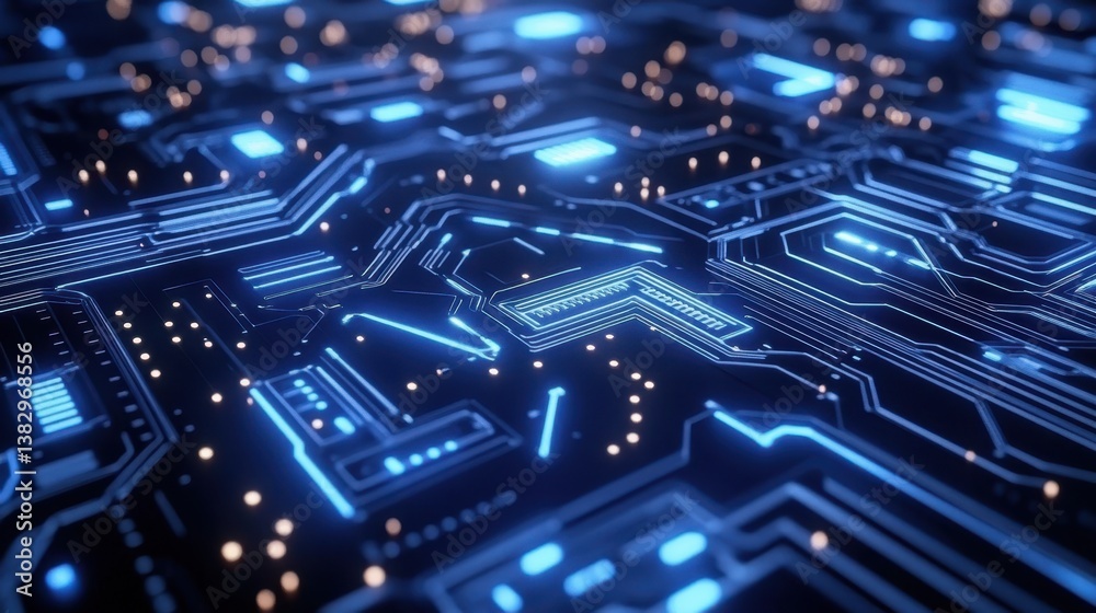 Poster A detailed futuristic digital circuit board featuring intricate lines and patterns, showcasing advanced technology and complex design.