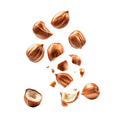 Falling hazelnut peeled isolated on transparent background