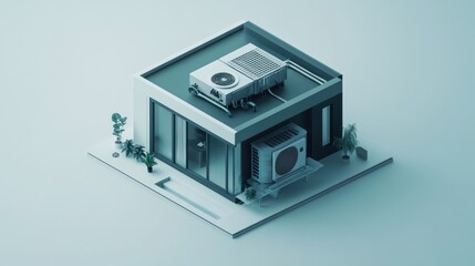 Obraz premium Isometric House with Rooftop AC Unit, Modern Design, 3D Rendering, Architectural Visualization, for Home Improvement