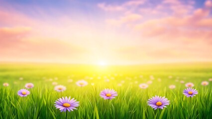 Fototapeta premium Serene sunset over a vibrant meadow of wildflowers, bathed in warm golden light and gentle breezes.