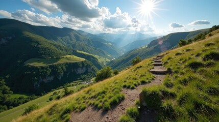 Obraz premium A view from above of Cevennes National Park in France at midday, with mild, sunny summer weather.