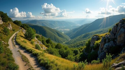 Naklejka premium A view from above of Cevennes National Park in France at midday, with mild, sunny summer weather.
