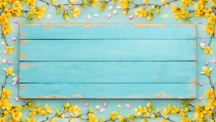 A cheerful spring scene of vibrant yellow blossoms framing a rustic light blue wooden sign perfect for announcements pastel colors and springtime themes