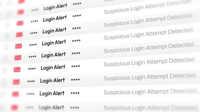 Login Alert emails list scrolling 4k animation, electronic mail. Login, user, id, suspicious, sign in, authentication