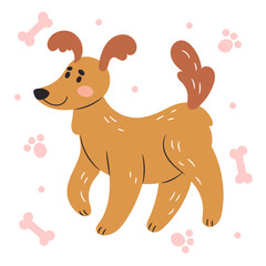 Obraz premium Cute dog. Funny pet, doodle pawprints and bones on background, playful adorable domestic animal, veterinary or grooming mascot, puppy mammal, print or poster. Vector cartoon flat isolated illustration