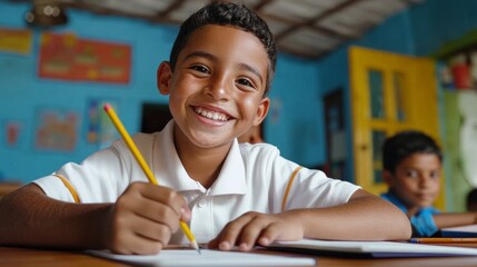 Young boy sitting at a desk, smiling and looking towards the camera, with pencil in hand, wearing a school uniform, in front of a classroom setting.