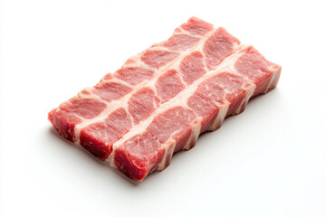 Fresh pork spareribs are displayed on clean white background, showcasing their marbled texture and rich color. Ideal for grilling or slow cooking, these ribs promise delicious meal