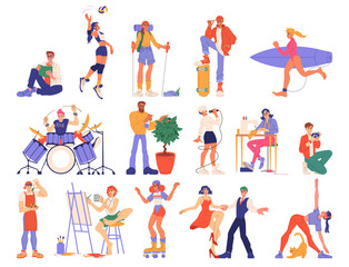 Fototapeta premium Characters leisure. Creative hobby. Sport training. Fitness exercise. Hiking travel. Gardening or painting. Disco dance. Beach surfing. People on skateboard or roller skates. Vector fun activities set