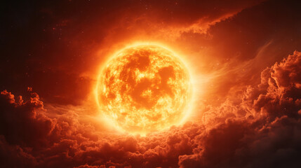 stunning depiction of bright sun surrounded by vibrant clouds, showcasing beauty of celestial scene. warm colors evoke sense of wonder and awe at universe magnificence