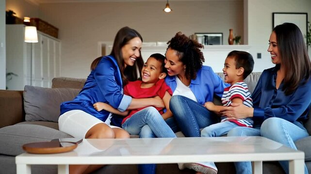 Latin American family, a couple of mothers, the aunt and two little kids, joyfully sitting together on their living room sofa