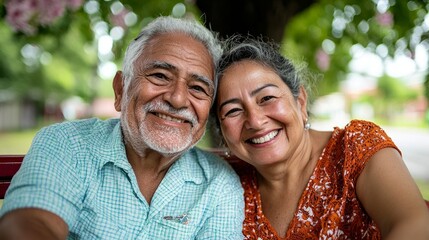 An elderly couple sharing a moment of affection while posing for a picture, likely in a public outdoor setting with trees in the background.