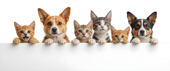 Obraz premium Row of Playful Pets with Paws Raised – Cats and Dogs Isolated on White Background