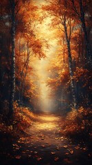 Serene Woodland Path with Golden Autumn Light and Vibrant Leaves
