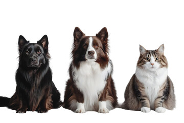 Obraz premium Two fluffy dogs and a cat sitting together, isolated on transparent background