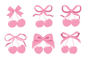 Coquette cherries with gift bow. Vector Illustrations of vintage bows and pink cherry. Cherries with ribbon. Cute trendy line art set. Ribbons isolated. Trendy girls accessories. Cute hairstyle decor