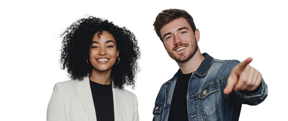 Smiling man pointing and woman in white blazer, isolated on transparent background