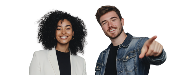 Smiling man pointing and woman in white blazer, isolated on transparent background