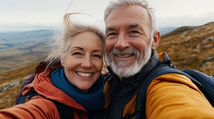 Two people taking a selfie outdoors, possibly on a mountain or hike, both smiling and enjoying the moment.