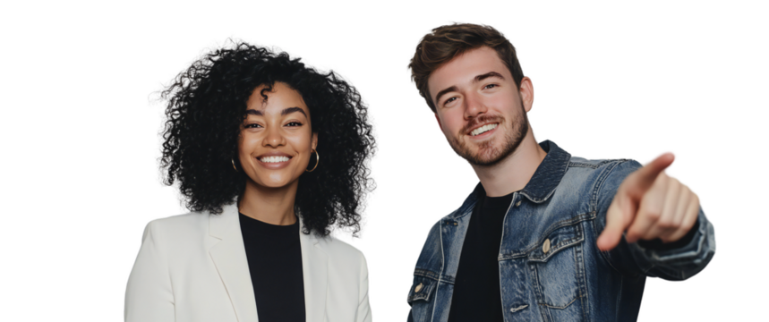 Smiling man pointing and woman in white blazer, isolated on transparent background - Powered by Adobe