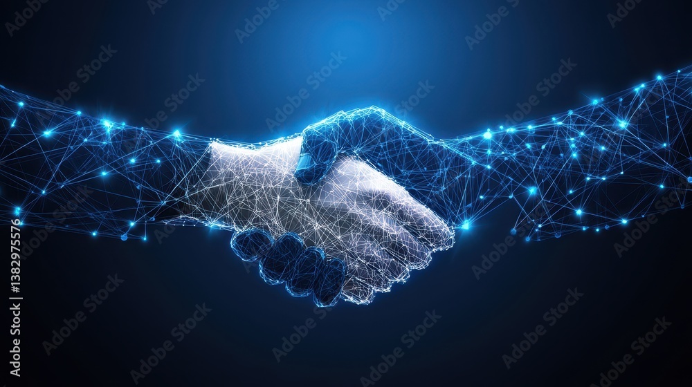 Poster a digital handshake is depicted against a blue technology background, featuring a connected network 