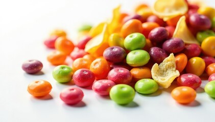 Pile of colorful candy, chips, and soda on white , calories, snack food