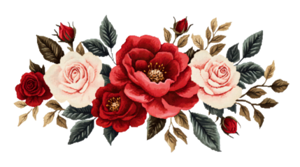 Floral arrangement of red and white roses and foliage, cut out transparent