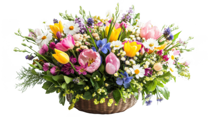 A vibrant flower arrangement featuring tulips daisies and other blooms in a woven basket on black