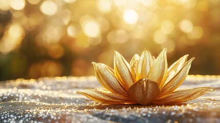 A radiant golden lotus blossom bathed in warm sunlight, symbolizing enlightenment and peace, resting on a shimmering, delicate fabric.