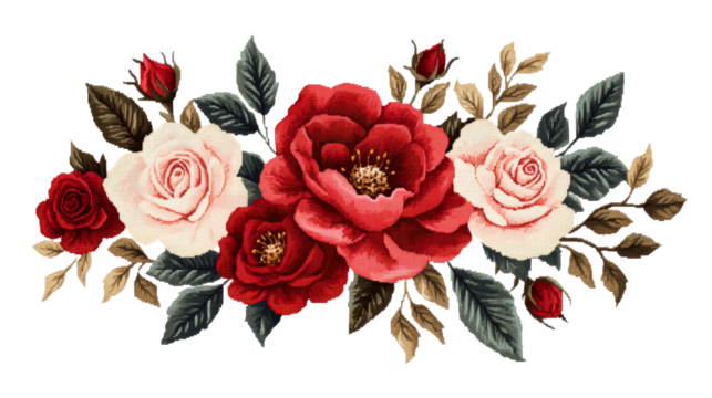 Floral arrangement of red and white roses and foliage, cut out transparent