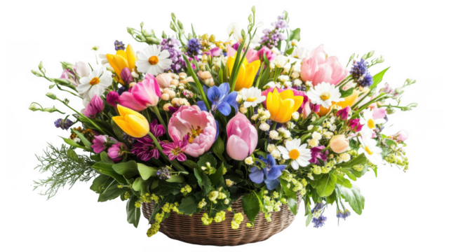 A vibrant flower arrangement featuring tulips daisies and other blooms in a woven basket on black