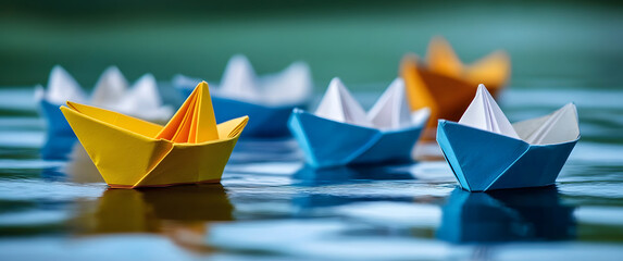 Paper boat guides the fleet as new ones join the team. Teamwork, cooperation, leadership, partnership, and participation.