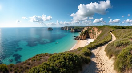 Panoramic view of Ploumanach Coast in France under mild, sunny summer conditions at midday.