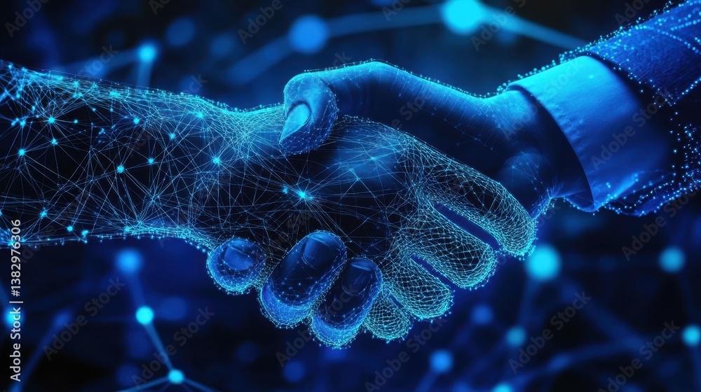 Poster a digital handshake is depicted against a blue technology background, featuring a connected network 