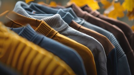 Rail displaying a mens autumn fashion collection with warm colors