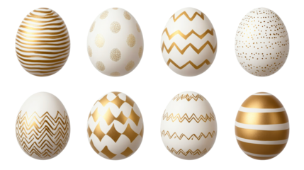 Collection of eight easter eggs painted gold patterns, cut out transparent
