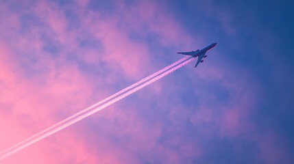 Airplane in pink sunset sky. Use Stock photo