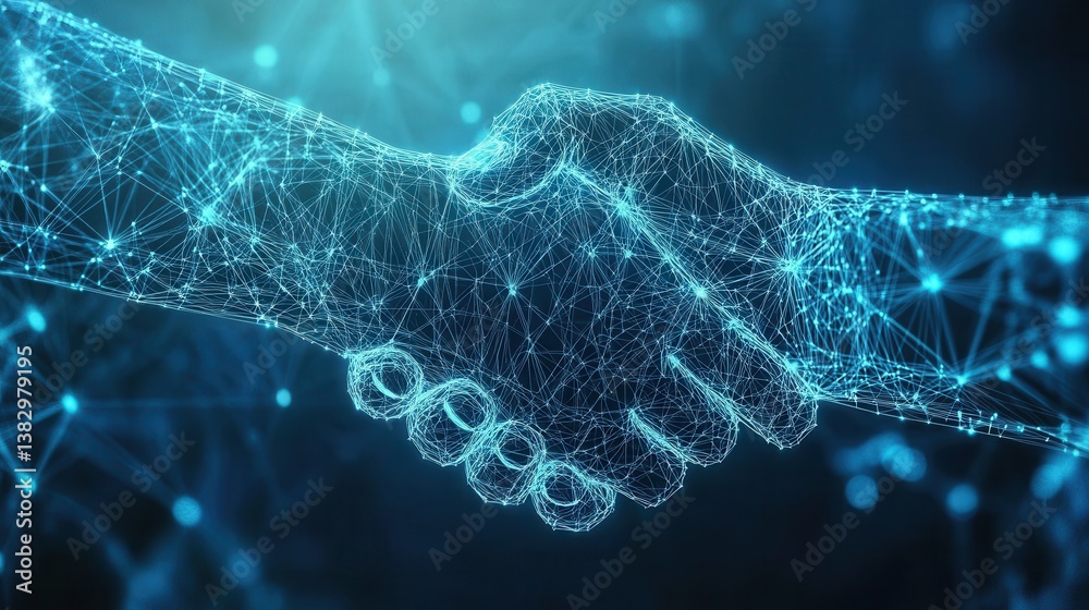 Aufkleber a digital handshake is depicted against a blue technology background, featuring a connected network 