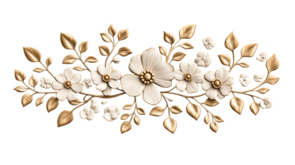 Gold and ivory floral ornament isolated on black backdrop, cut out transparent