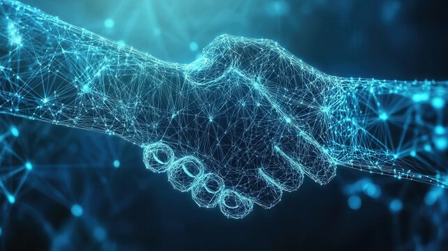A digital handshake is depicted against a blue technology background, featuring a connected network that symbolizes collaboration and connectivity.